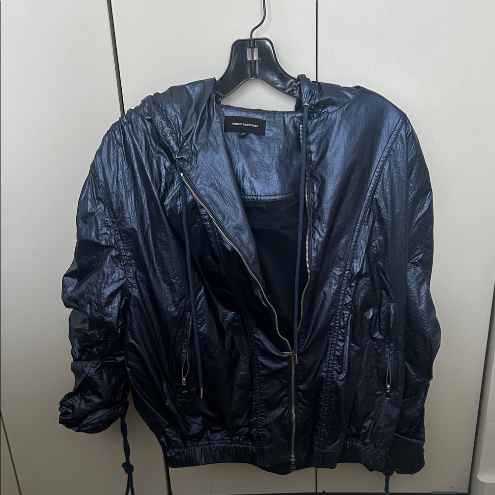 Robert Rodriguez Shiny Navy Hooded Bomber Jacket
